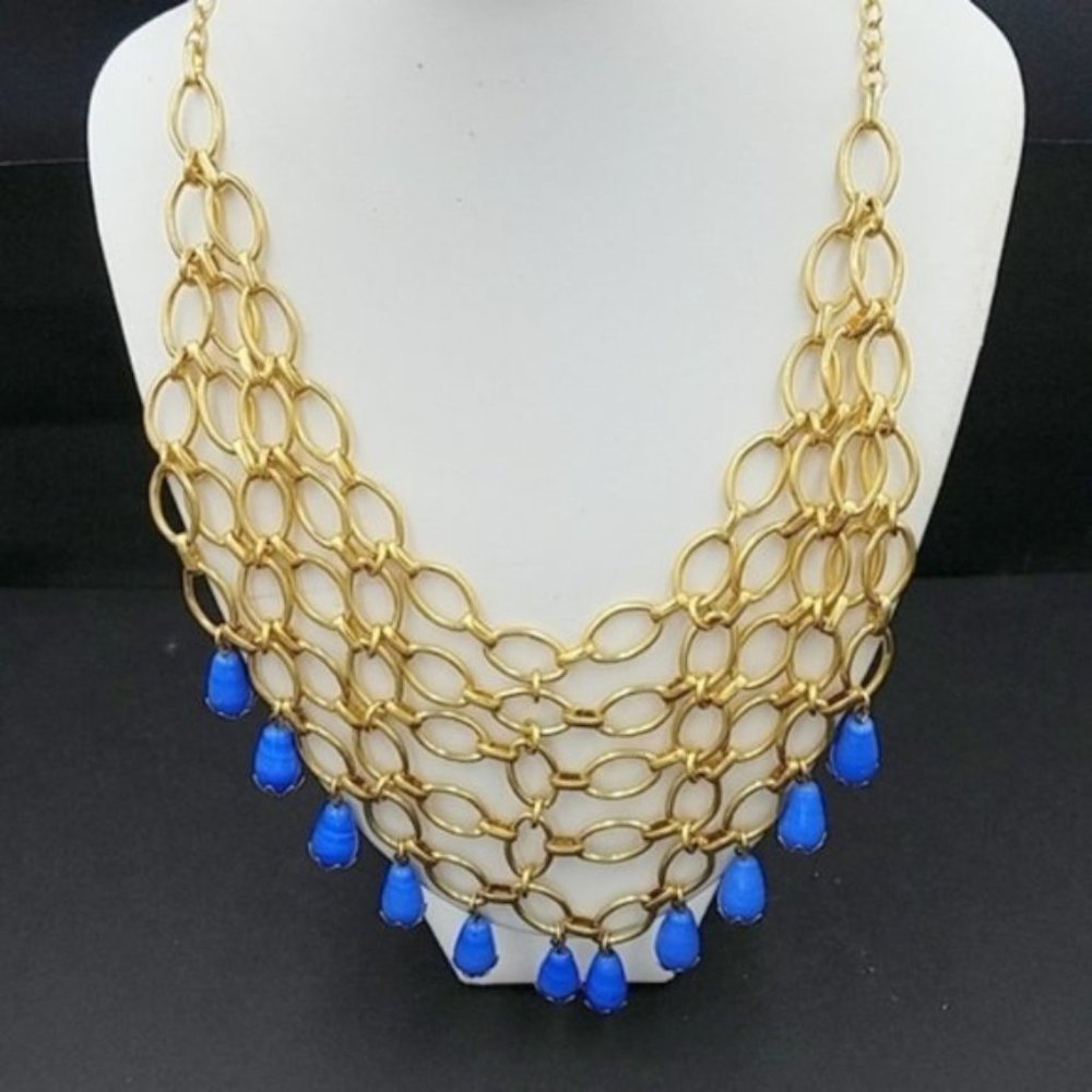Vintage Yosca Blue Glass Bead Bib Fringe Necklace